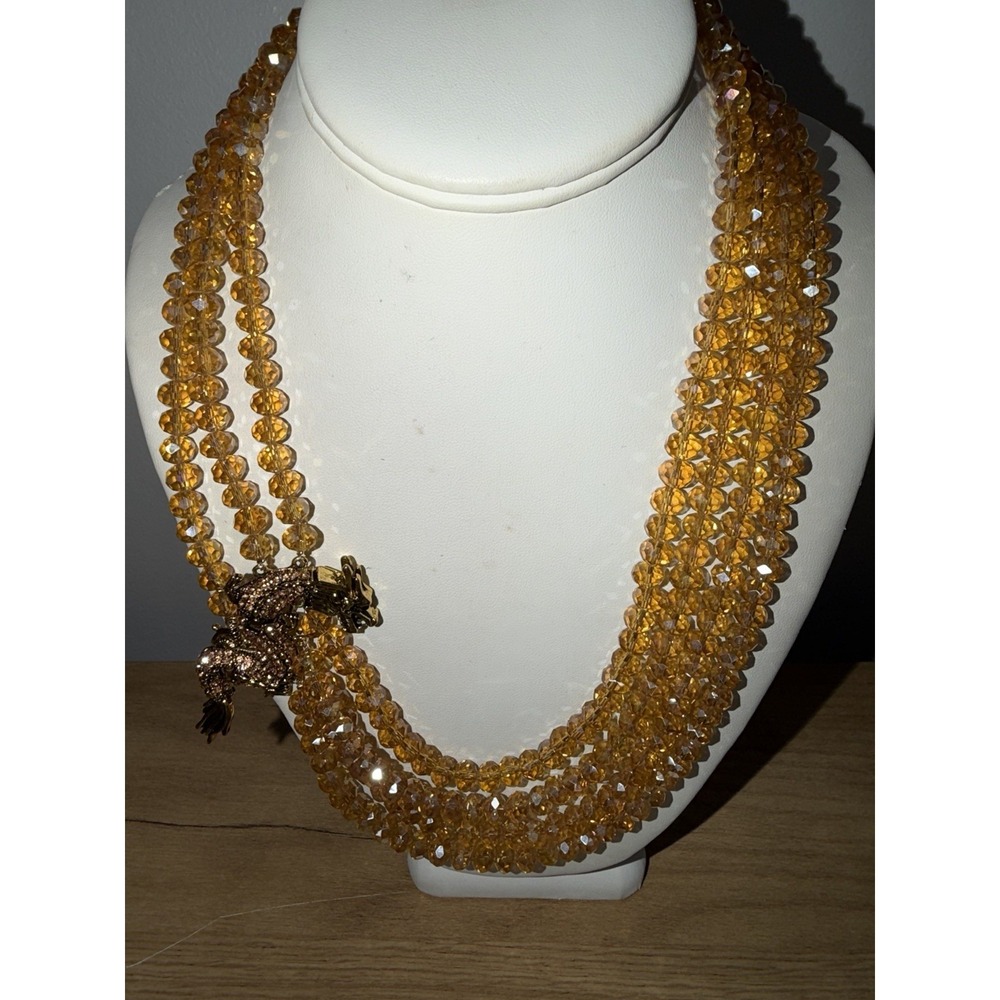 Vintage Multi-Strand Amber-Tone Crystal Glass Bead Statement Dragon Bib Necklace